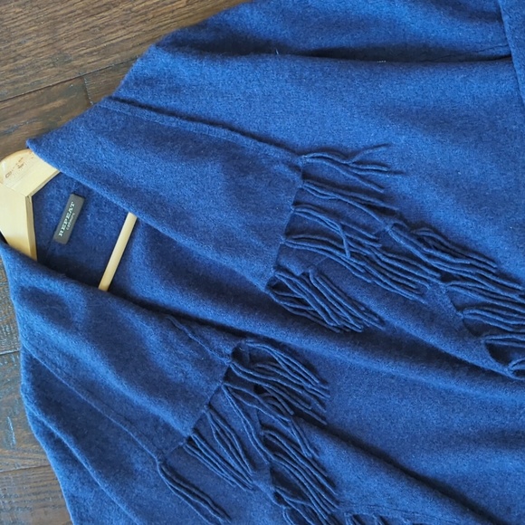 Repeat Cashmere Sweaters - REPEAT CASHMERE I Navy Blue Open Front Fine Knit Fringed Cardigan Sweater, S
